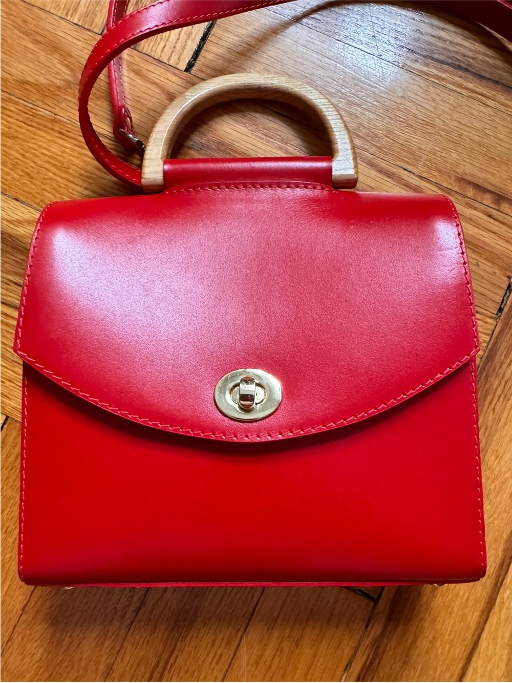 Red Mini Top-Handle Crossbody Bag with Wood Accent - Unbranded